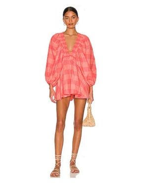 Alicia Romper in Big Gingham Neon Coral